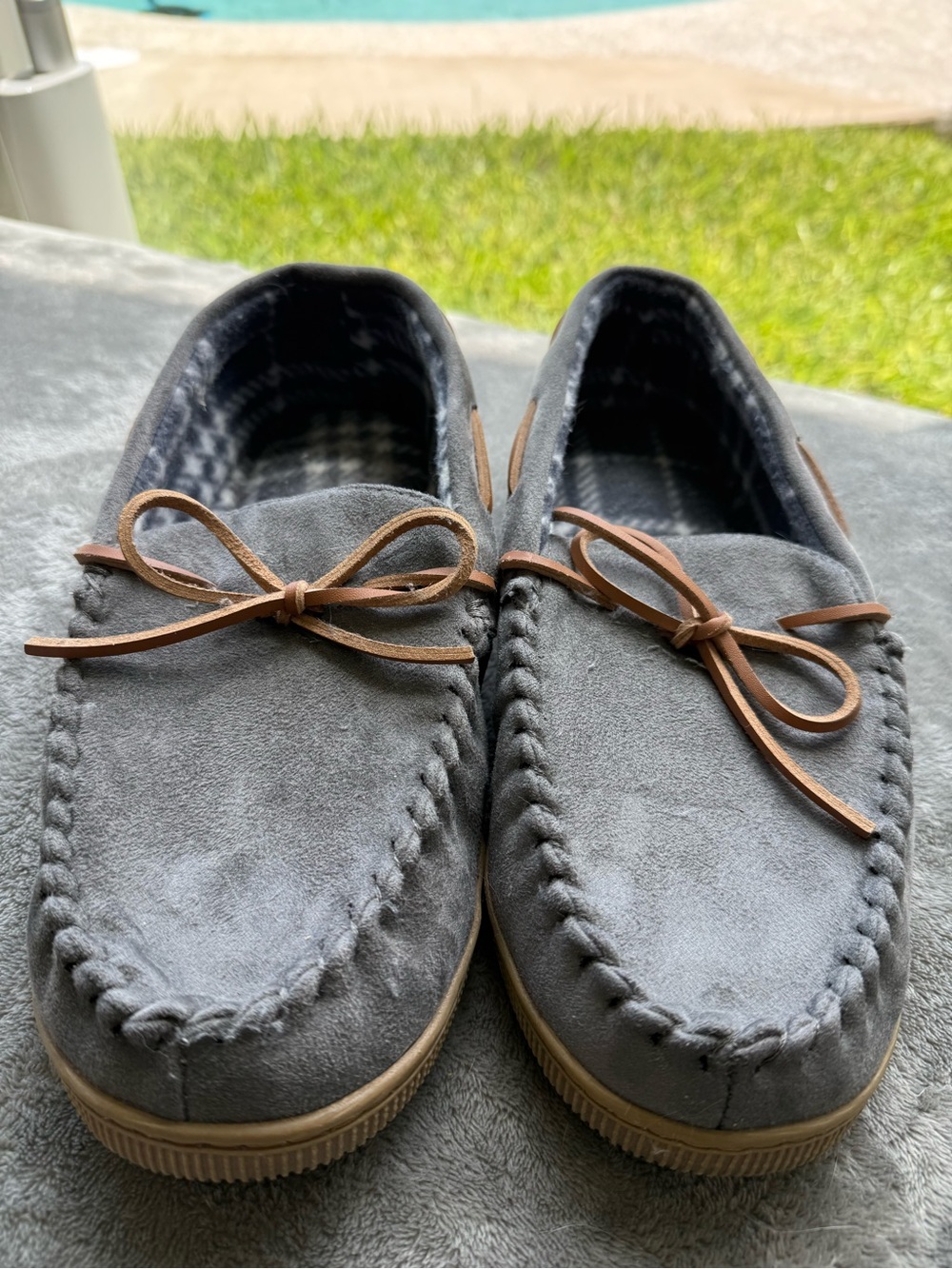 Men's Gray Suede Moccasin Slip-Ons with Tan Trim